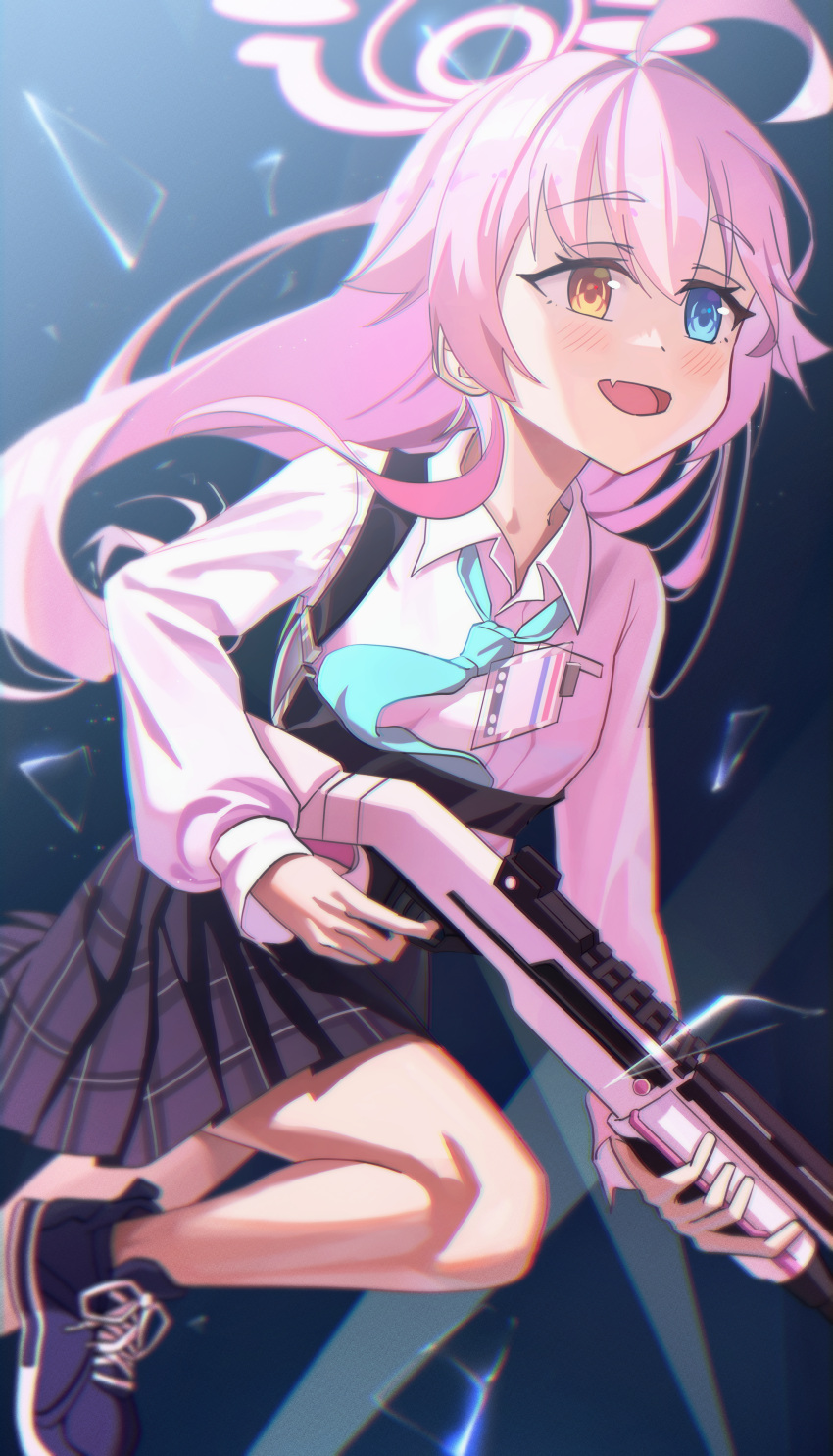 1girl, :d, absurdres, ahoge, aqua_necktie, black_skirt, blue_archive, blue_eyes
