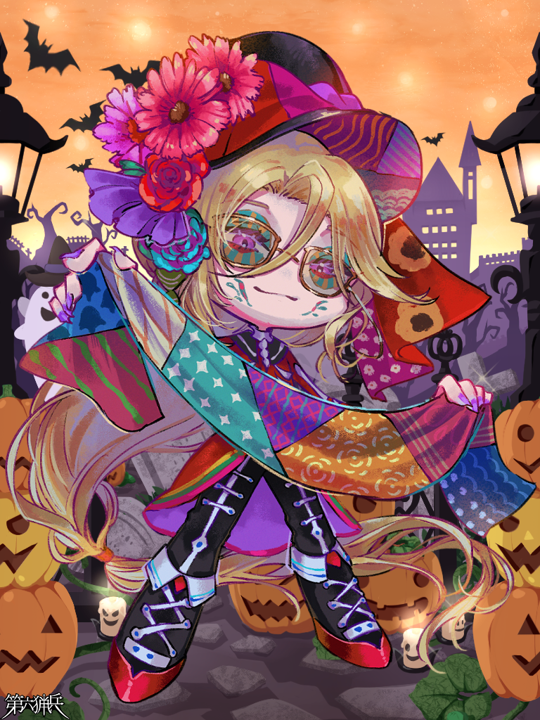 1boy, bat_(animal), black_footwear, blonde_hair, chibi, dairoku_ryouhei, facepaint, flower