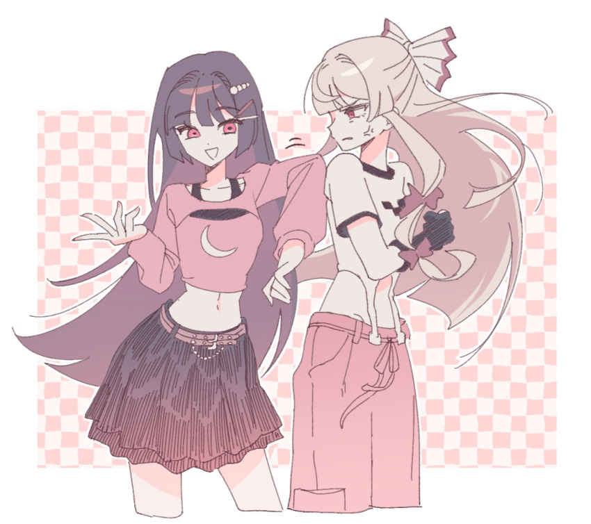 2girls, alternate_costume, anger_vein, angry, belt, black_gloves, black_hair, black_skirt