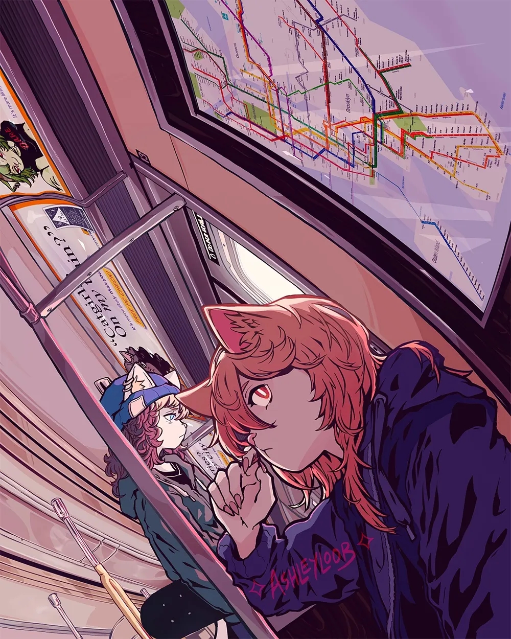 2girls, :<, animal_ear_fluff, animal_ears, ashleyloob, beanie, black_hair, blue_eyes, blue_hat, blue_jacket, cat_ears, cat_girl, cat_nose, check_copyright, copyright_request, curly_hair, dutch_angle, earrings, english_commentary, english_text, fake_ad, fingernails, furry, grey_hoodie, hand_grab, hand_up, hat, highres, holding, holding_skateboard, hood, hoodie, it's_more_likely_than_you_think_(meme), jacket, jewelry, long_fingernails, long_sleeves, map, meme, messy_hair, multiple_girls, new_york_city, orange_hair, original, parody, pink_nails, red_eyes, redhead, signature, sitting, skateboard, subway, subway_map, train_interior, upper_body