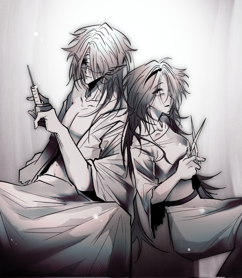 1boy, 1girl, bandages, bandages_over_eyes, blood, blood_on_bandages, coat, dress