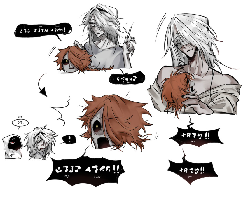 2boys, 2girls, alternate_hairstyle, bandages, bandages_over_eyes, black_eyes, black_sclera, blood