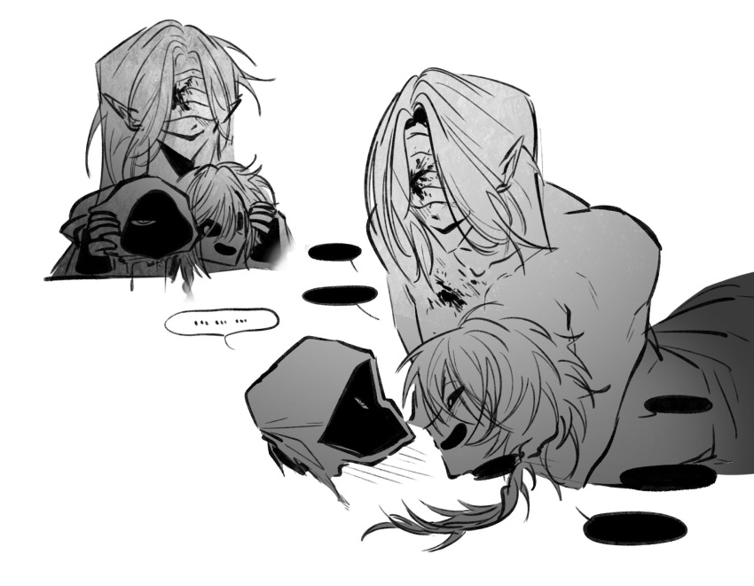 1girl, 2boys, bandages, bandages_over_eyes, blank_speech_bubble, blood, blood_on_bandages, blood_on_chest