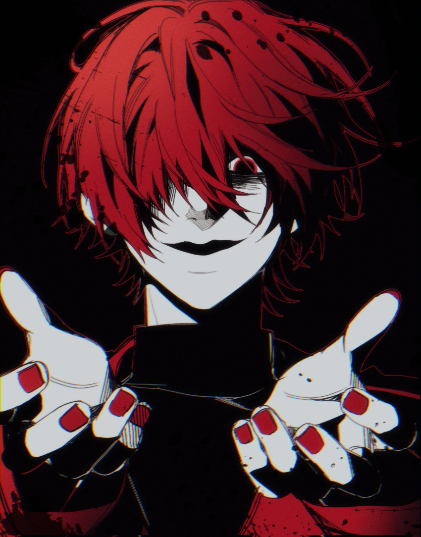 1boy, bisu_(hw3op), black_background, coat, dilated_pupils, hair_over_one_eye, high_contrast, highres