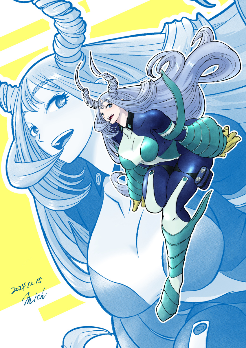 1girl, absurdres, blue_bodysuit, blue_eyes, blue_hair, bodysuit, boku_no_hero_academia, drill_hair