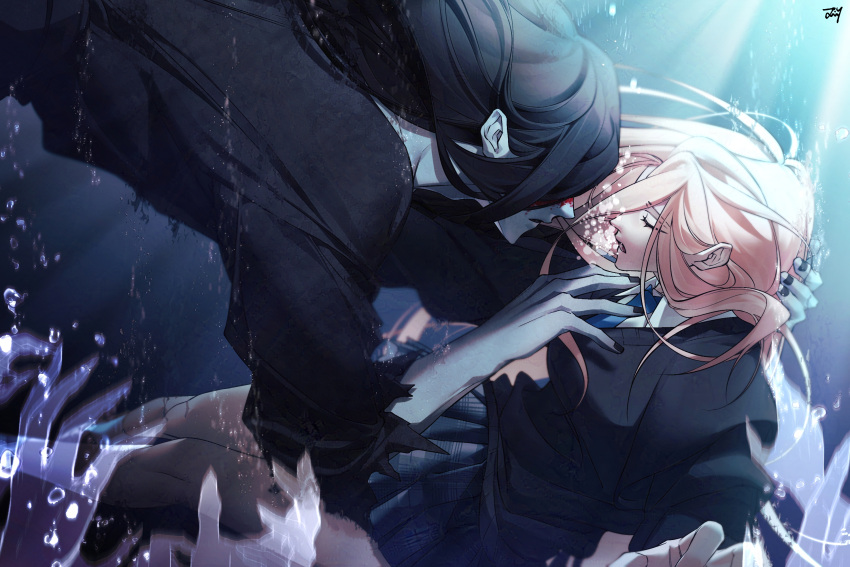 1boy, 1girl, air_bubble, bbabbamis2, black_hair, black_kimono, blood, blood_on_face