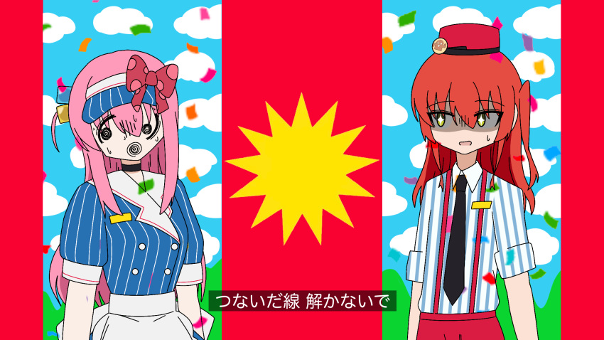 2girls, bocchi_the_rock!, bow, cube_hair_ornament, gloves, gotoh_hitori, hair_ornament, hat, highres, kita_ikuyo, long_hair, mesmerizer_(vocaloid), multiple_girls, necktie, open_mouth, parody, pink_hair, redhead, sanpai_(sanpairakugaki), shirt, short_sleeves, striped_clothes, visor_cap