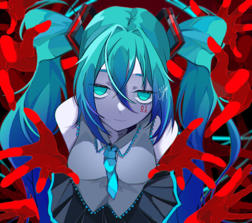 1girl, aqua_eyes, aqua_hair, blue_eyes, blue_hair, detached_sleeves, goma_irasuto, gradient_hair