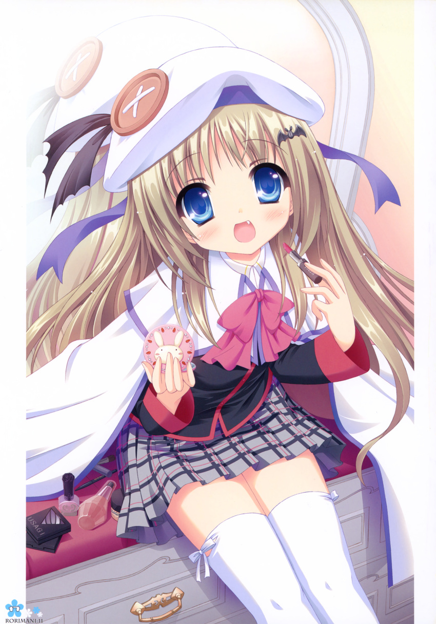 beret, blonde_hair, blue_eyes, blush, cape, fang, hair_ornament, hand_mirror
