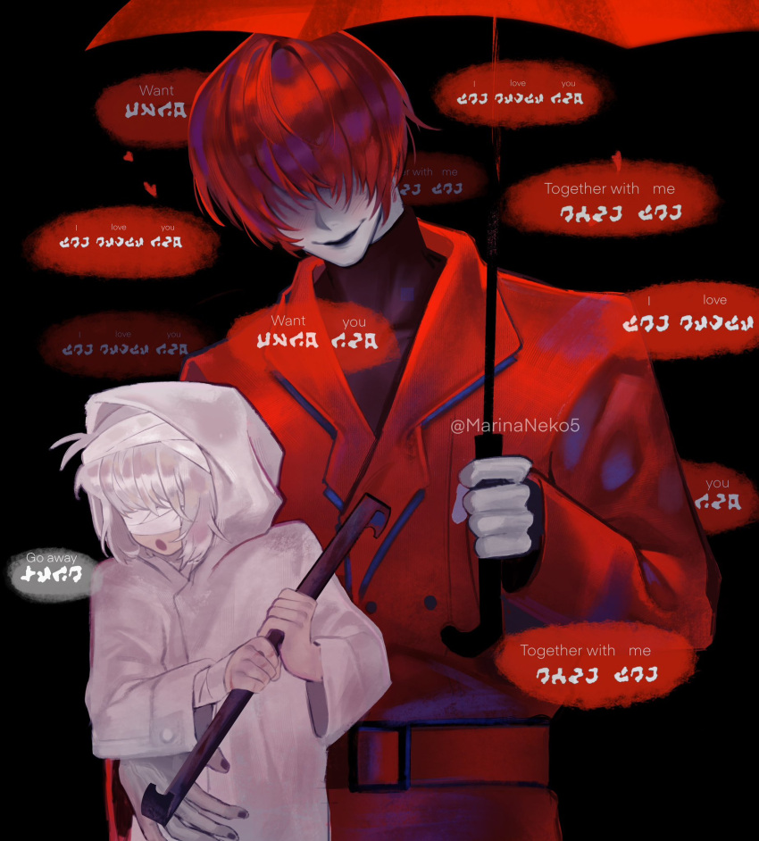 1boy, 1girl, bandaged_head, bandages, bandages_over_eyes, black_background, coat, crowbar