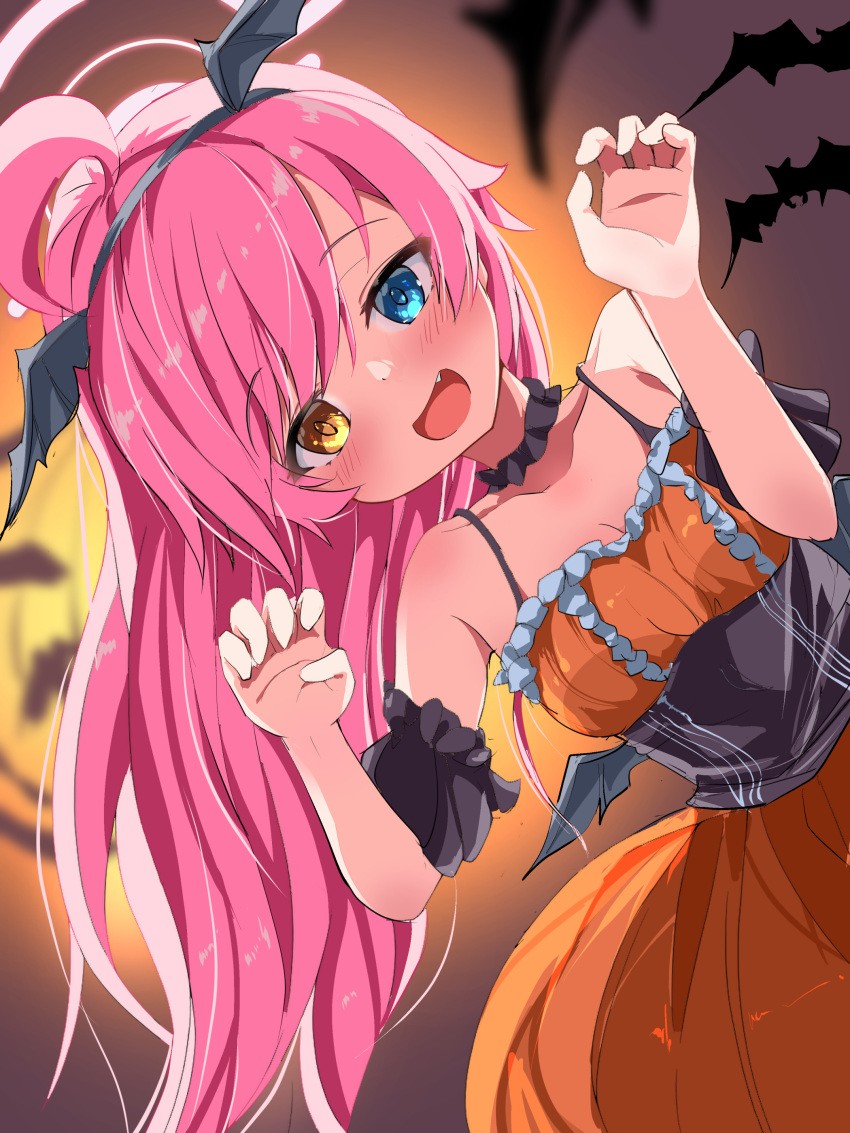 1girl, :d, absurdres, ahoge, alternate_costume, backlighting, bare_shoulders, bat_(animal), bat_wings, black_choker, black_hairband, blue_archive, blue_eyes, blurry, blurry_background, blush, bridal_garter, center_frills, choker, claw_pose, commentary_request, cowboy_shot, dress, eyes_visible_through_hair, fake_wings, fang, frilled_choker, frilled_dress, frills, hairband, halloween, halloween_costume, halo, hands_up, happy, head_wings, heterochromia, highres, hoshino_(blue_archive), kon_cry, leaning_to_the_side, long_hair, looking_at_viewer, open_mouth, orange_dress, pink_hair, pink_halo, pumpkin_costume, sleeveless, sleeveless_dress, smile, solo, spaghetti_strap, swept_bangs, very_long_hair, wings, yellow_eyes