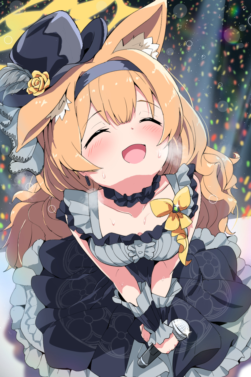 1girl, :d, ^_^, absurdres, animal_ear_fluff, animal_ears, black_dress, black_hairband