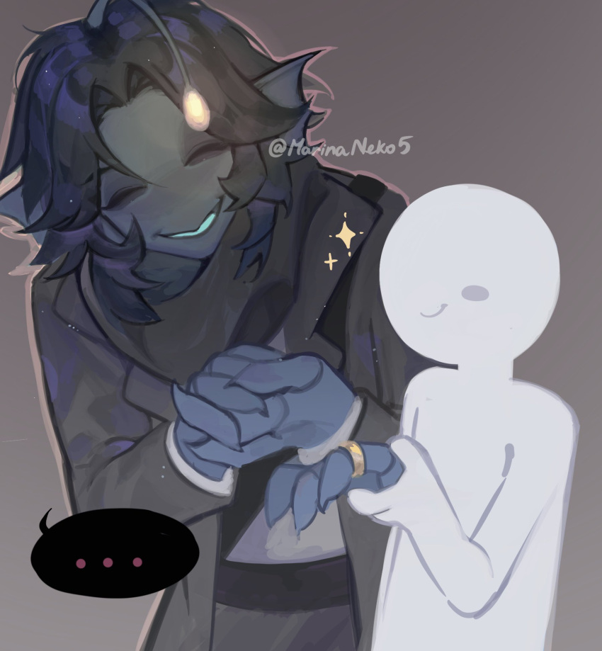 ..., 1boy, 1other, anglerfish_boy, blue_hair, blue_skin, blue_tongue, claws