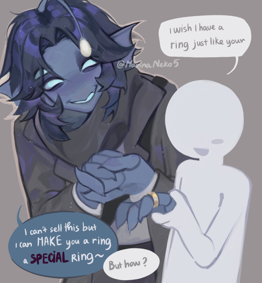 1boy, 1other, anglerfish_boy, blue_eyes, blue_hair, blue_skin, blue_tongue, claws, coat, colored_skin, colored_tongue, english_commentary, english_text, extra_eyes, extra_hands, fins, fish_boy, grey_background, grey_coat, head_fins, highres, holding_hands, illicium, jewelry, marinaneko5, medium_hair, monster_boy, own_hands_together, pressure_(roblox), ring, roblox, sebastian_solace, simple_background, solid_eyes, upper_body