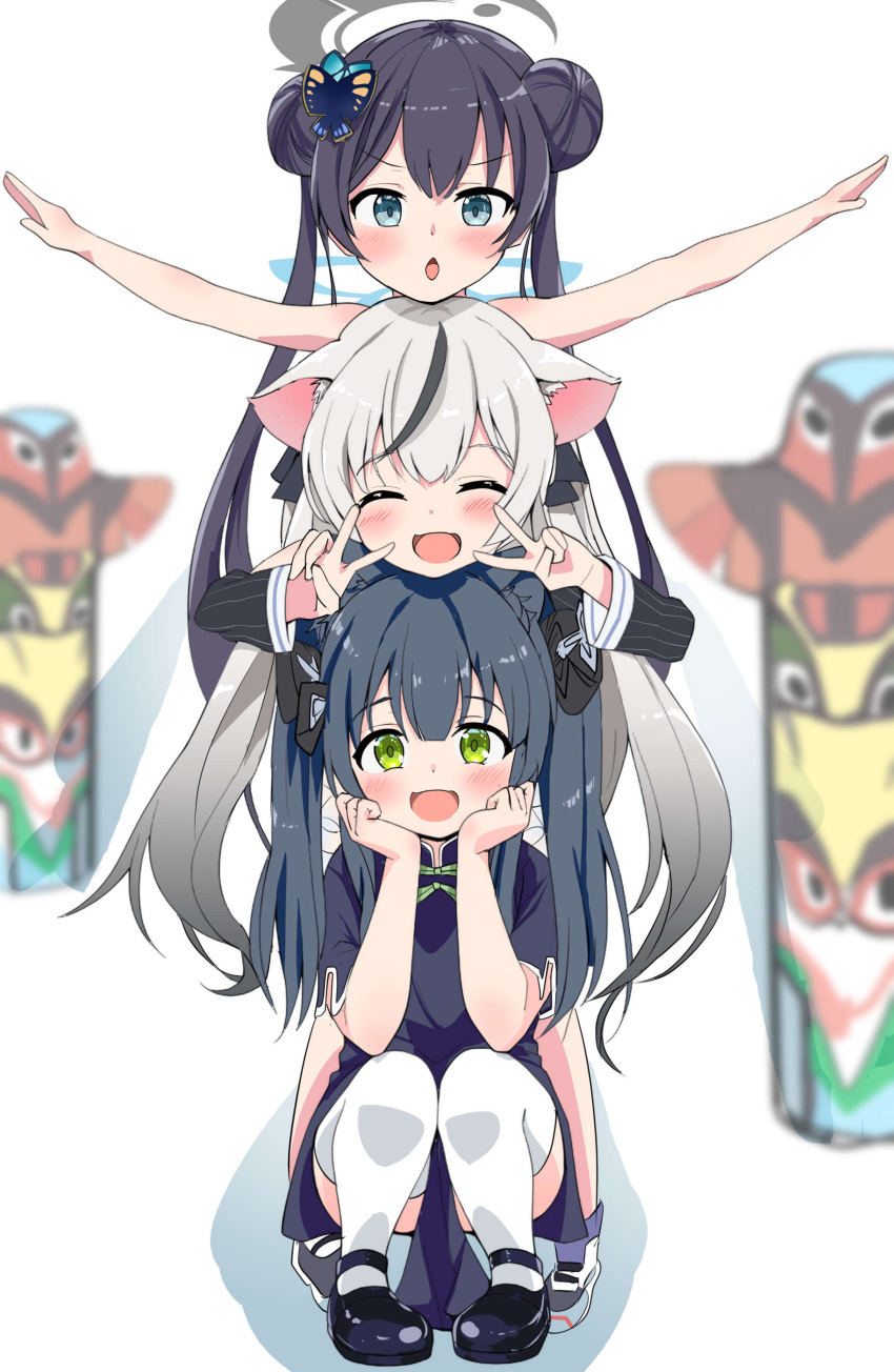 3girls, :d, :o, ^_^, absurdres, animal_ear_fluff, animal_ears, aqua_eyes, black_bow, black_dress, black_footwear, black_hair, black_ribbon, blue_archive, blue_halo, blunt_bangs, blush, bow, butterfly_hair_ornament, china_dress, chinese_clothes, closed_eyes, commentary_request, double_bun, double_v, dress, facing_viewer, full_body, green_eyes, grey_hair, grey_halo, hair_bow, hair_bun, hair_ornament, hair_ribbon, halo, hands_on_own_cheeks, hands_on_own_face, hands_up, happy, highres, kisaki_(blue_archive), kokona_(blue_archive), kon_cry, long_hair, long_sleeves, looking_at_viewer, multicolored_hair, multiple_girls, outstretched_arms, ribbon, short_sleeves, shun_(blue_archive), shun_(small)_(blue_archive), simple_background, smile, squatting, standing, straight_hair, streaked_hair, thigh-highs, tiger_ears, twintails, v, v-shaped_eyebrows, very_long_hair, white_background, white_thighhighs, wide_sleeves