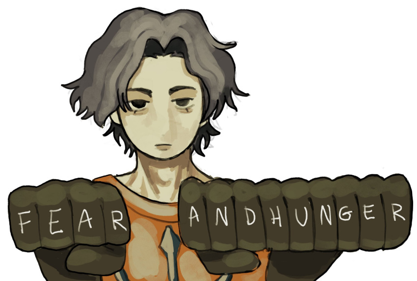 1boy, black_eyes, black_gloves, black_hair, cahara_(fear_&amp;_hunger), clenched_hands, closed_mouth, commentary
