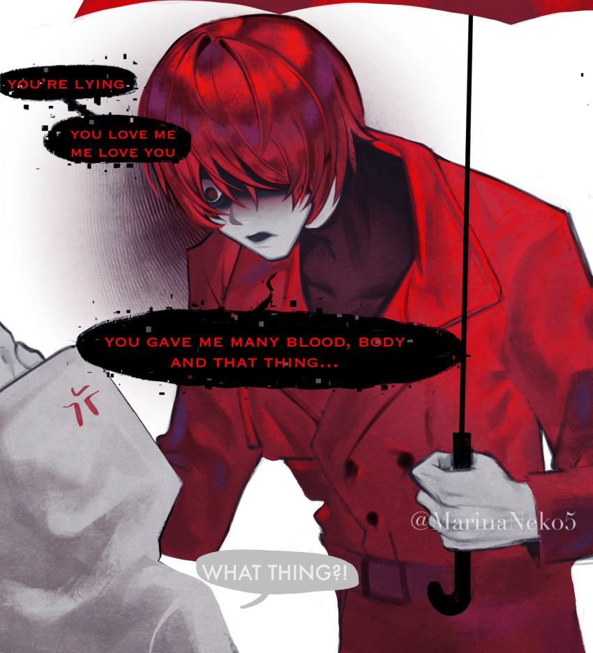 1boy, 1girl, anger_vein, coat, english_text, hair_over_one_eye, heroine_(homicipher), hetero