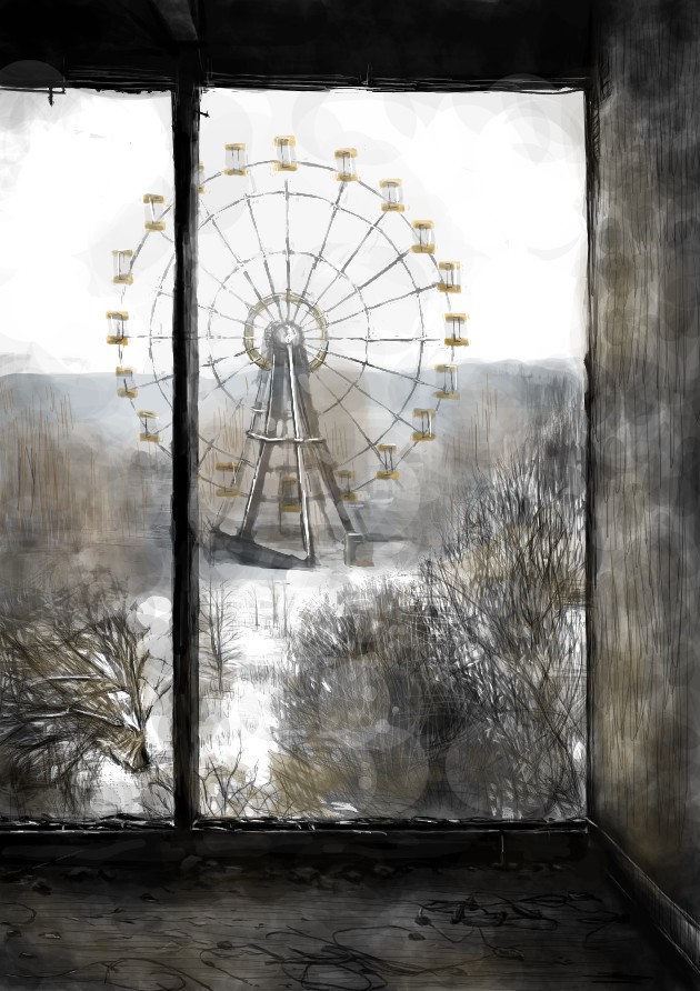 chernobyl, ferris_wheel, fog, kuro4221, landscape, muted_color, no_humans, original