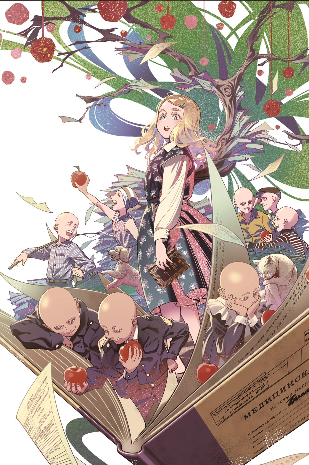 3girls, 6+boys, apple, apron, bald, bald_girl, blonde_hair, book