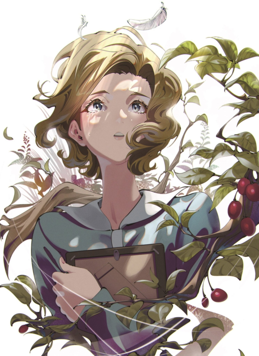 1girl, berry, branch, brown_hair, chernobyl_no_inori, crying, curly_hair, highres, leaf, sandal_master, short_hair, solo, upper_body, white_background