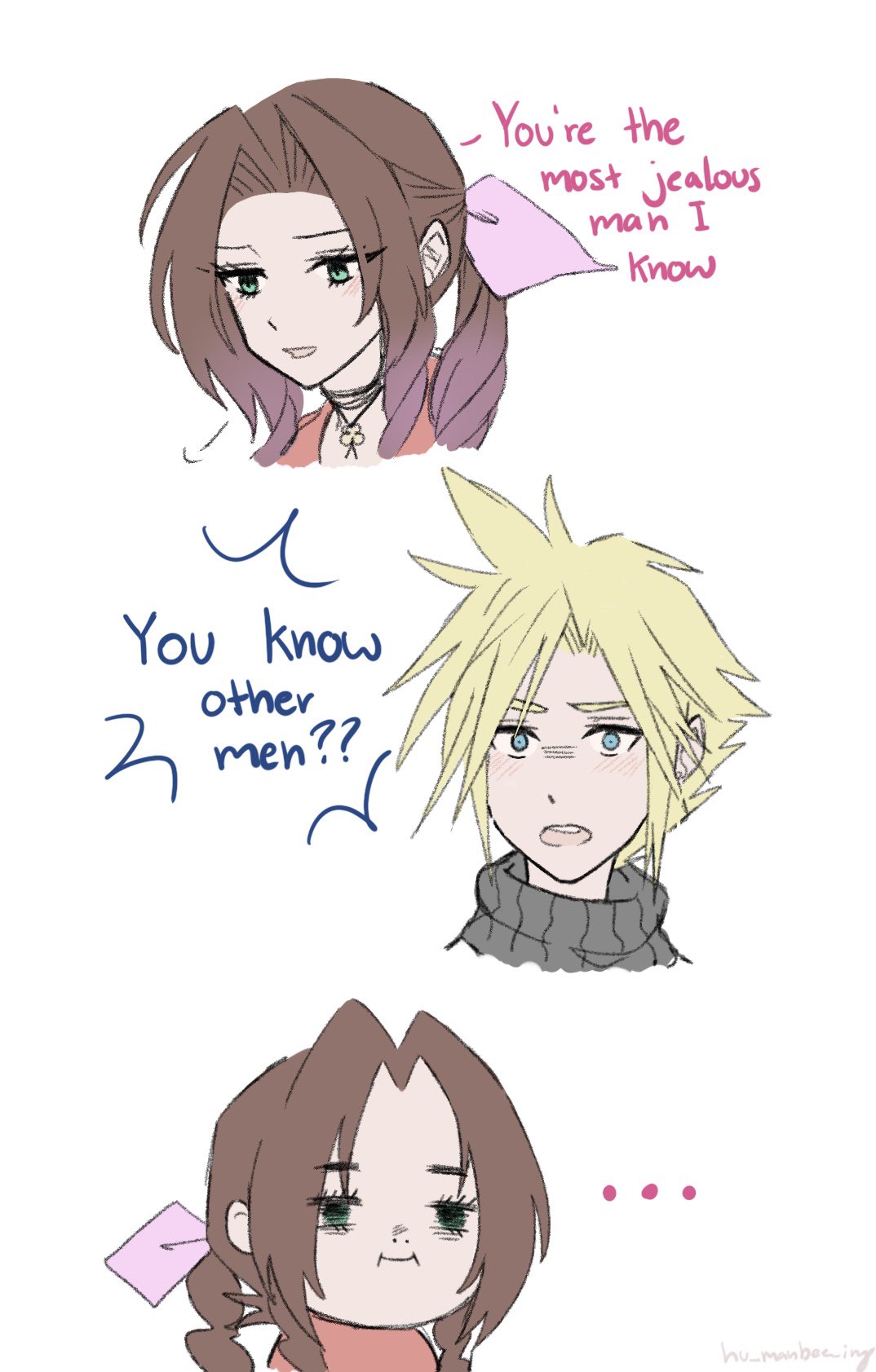 ..., 1boy, 1girl, aerith_gainsborough, blonde_hair, blue_eyes, blush, braid