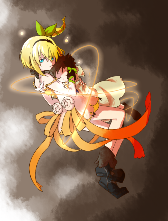 1boy, 1girl, aged_down, black_footwear, black_hairband, black_ribbon, blonde_hair, blue_eyes, boots, bow, brown_background, brown_gloves, brown_hair, child, closed_eyes, closed_mouth, commentary_request, dot_nose, dress, dress_flower, edna_(tales), floating, floating_hair, flower, from_side, gloves, gradient_ribbon, green_bow, green_ribbon, hair_bow, hair_ribbon, hairband, hug, kogeharu, looking_at_viewer, neck_ribbon, orange_ribbon, parted_lips, red_ribbon, ribbon, short_hair, side_ponytail, single_glove, sorey_(tales), spaghetti_strap, strap_slip, tales_of_(series), tales_of_zestiria, white_dress, wrist_bow