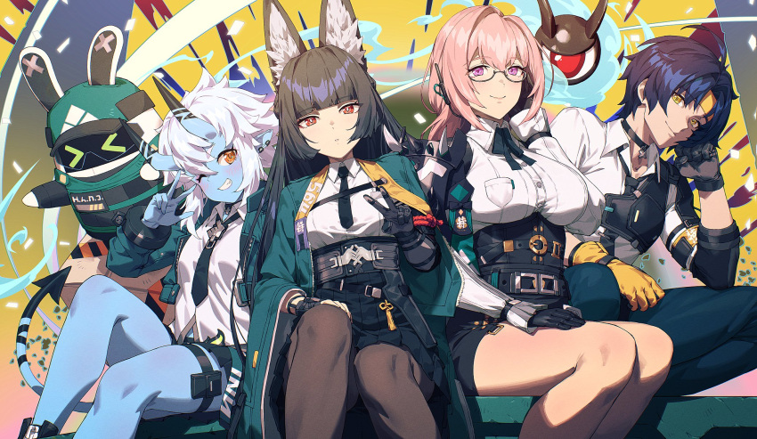 1boy, 3girls, animal_ears, asaba_harumasa, black_gloves, black_hair, black_necktie, black_skirt
