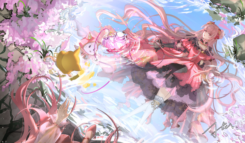 absurdres, black_choker, black_eyes, black_gloves, blue_sky, blunt_bangs, bow, choker, cloak, different_reflection, double_bun, dress, ear_covers, elbow_gloves, expressionless, eyelashes, floating_hair, flower, frilled_choker, frilled_dress, frilled_gloves, frilled_sleeves, frilled_socks, frills, gloves, hair_bow, hair_bun, highres, hood, hood_up, hooded_cloak, infinity_nikki, lace-trimmed_dress, lace_trim, light_particles, long_hair, long_sleeves, miniskirt, miyouer, momo_(nikki), nikki_(nikki), nikki_(series), over-kneehighs, parted_lips, petals, pink_eyes, pink_flower, pink_footwear, pink_hair, pink_skirt, pleated_skirt, puddle, puffy_long_sleeves, puffy_short_sleeves, puffy_sleeves, red_bow, red_cloak, red_dress, reflection, reflection_focus, reflective_water, ripples, shirt, shoes, short_sleeves, shot_down, signature, skirt, sky, socks, sparkle, standing, star_(symbol), thigh-highs, very_long_hair, whiskers, white_shirt, white_socks, wisteria, yarn, yellow_cloak