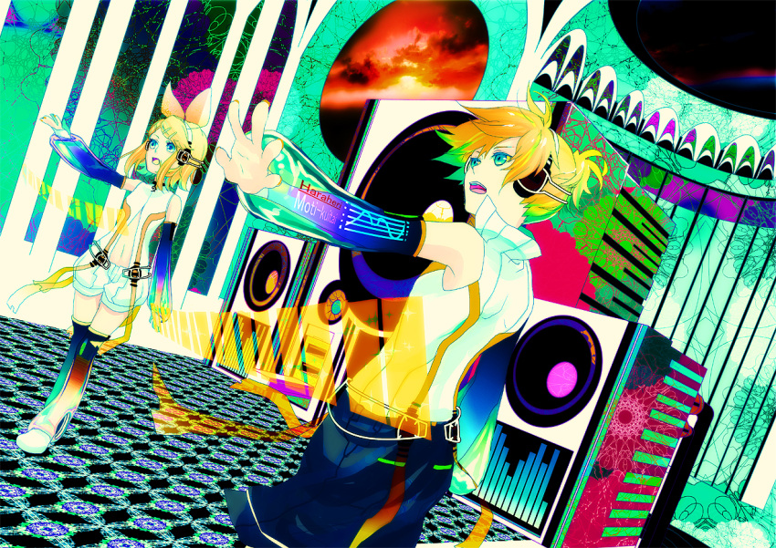 arm_warmers, bad_id, blonde_hair, brother_and_sister, detached_sleeves, hair_ornament, hair_ribbon, hairclip