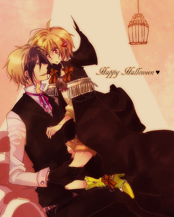 1girl, aki_(prdx85), blonde_hair, blush, brown_eyes, cape, couple, formal