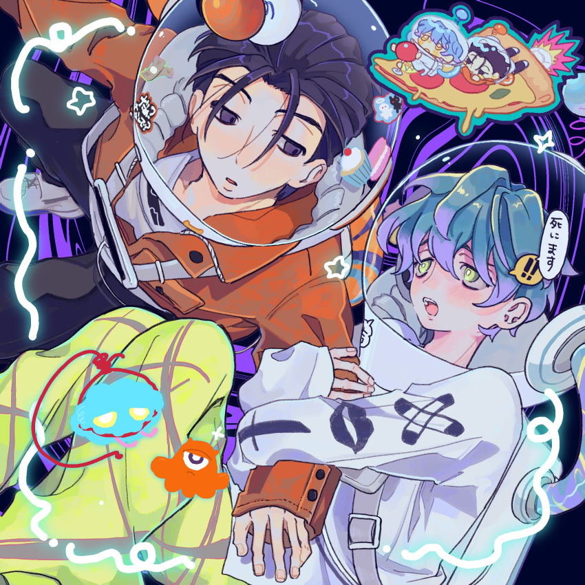 !, 2boys, black_hair, black_pants, blue_hair, charisma_house, chibi, food