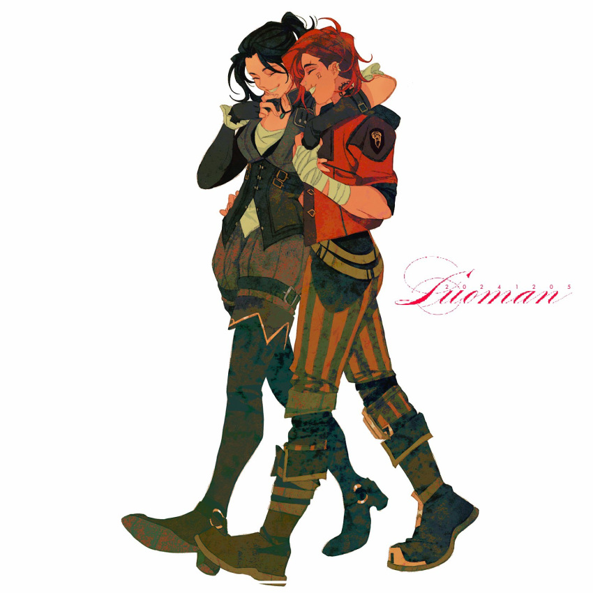 2girls, arcane:_league_of_legends, arcane_caitlyn, arcane_vi, arm_around_shoulder, arm_around_waist, artist_name, bandaged_arm, bandages, black_gloves, black_hair, black_jacket, boots, breasts, caitlyn_(league_of_legends), dated, earrings, facial_tattoo, full_body, gloves, hand_on_another's_hip, highres, holding_hands, hood, hood_down, jacket, jewelry, league_of_legends, luoman19921, medium_breasts, medium_hair, multiple_girls, pants, parted_bangs, parted_lips, ponytail, red_eyes, red_jacket, scar_across_eyebrow, sleeves_rolled_up, smile, striped_clothes, striped_pants, tattoo, vi_(league_of_legends), walking, white_background, yuri