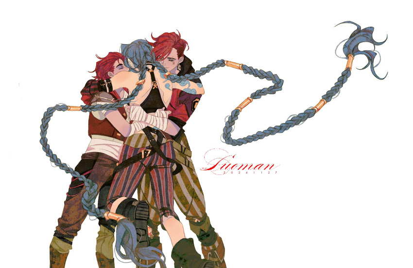 3girls, arcane:_league_of_legends, arcane_jinx, arcane_vi, arm_belt, arm_tattoo, artist_name, bandaged_arm