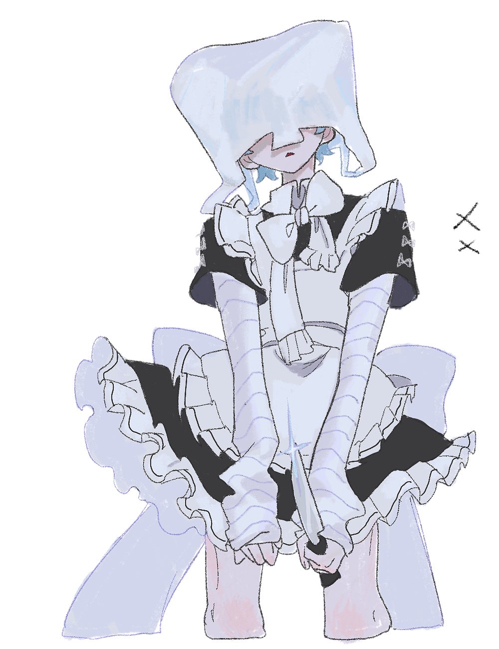 1boy, apron, bag, bag_on_head, bandaged_arm, bandages, bare_legs, blue_hair, bow, charisma_house, covering_face, crossdressing, dress, frilled_apron, frilled_bow, frilled_dress, frilled_skirt, frills, frown, highres, holding, holding_knife, knife, maid, maid_apron, male_focus, ohse_minato, plastic_bag, short_hair, skirt, solo, white_apron, white_background, white_bag, white_bow, ya_na_(yd_cto)