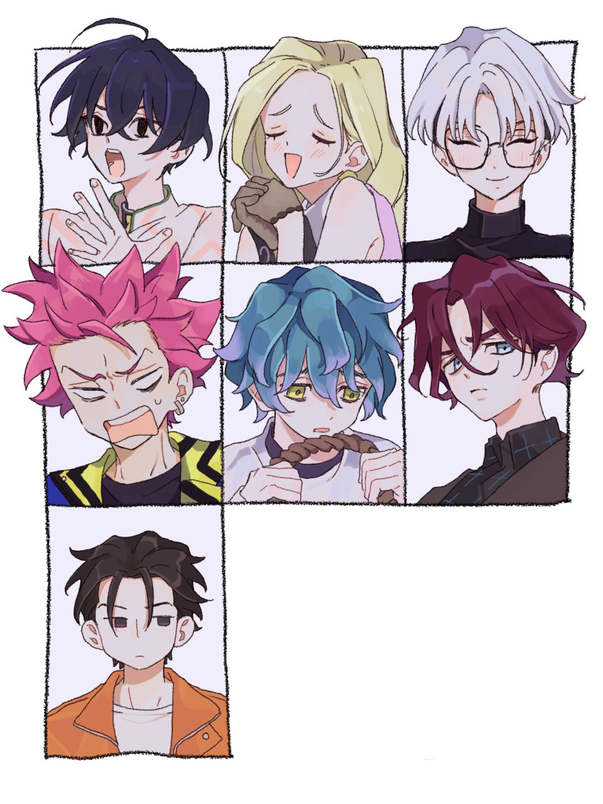 6+boys, arms_up, black_eyes, black_gloves, black_hair, black_shirt, blonde_hair, brown_coat, charisma_house, closed_eyes, coat, dress, ear_piercing, frown, furrowed_brow, glasses, gloves, green_eyes, highres, itou_fumiya, jacket, kusanagi_rikai, long_hair, looking_to_the_side, motohashi_iori, multicolored_clothes, multicolored_hair, multicolored_jacket, multiple_boys, no_pupils, noose, ohse_minato, open_mouth, orange_jacket, own_hands_together, parted_bangs, piercing, pink_hair, purple_dress, sarukawa_kei, shirt, short_hair, smile, spiky_hair, sweatdrop, tendou_amahiko, terra_(charisma_house), turtleneck, white_hair, white_shirt, ya_na_(yd_cto), yellow_eyes