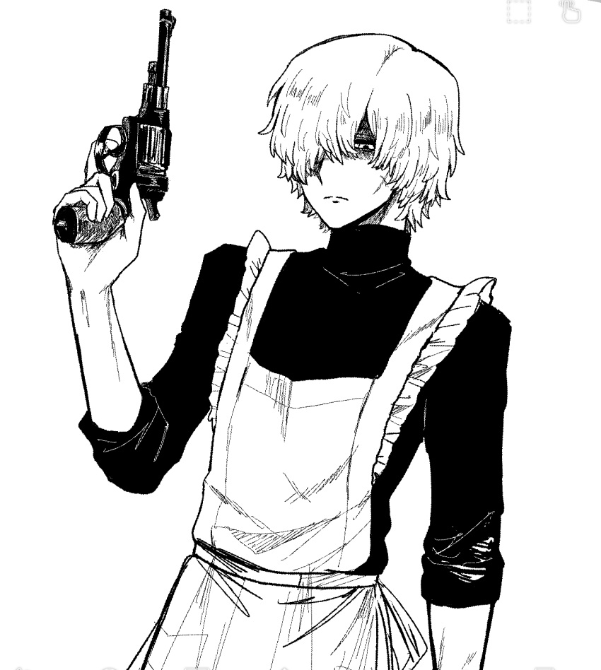 1boy, andrew_kreiss, apron, commentary, greyscale, gun, hair_over_one_eye, handgun