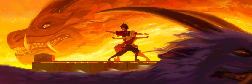 2boys, aang, absurdres, avatar:_the_last_airbender, avatar_legends, bald, commentary, concentrating, devin_elle_kurtz, dragon, eastern_dragon, eastern_dragon_horns, english_commentary, fighting_stance, fire, from_side, furred_dragon, highres, male_focus, multiple_boys, profile, serious, sharp_teeth, short_hair, short_sleeves, tattoo, teeth, tusks, zuko
