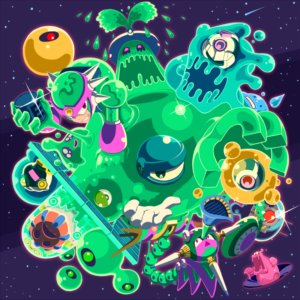 1boy, em_virus_(mega_man), energy_tank, green_devil_(mega_man), grin, in-franchise_crossover, looking_at_viewer, male_focus