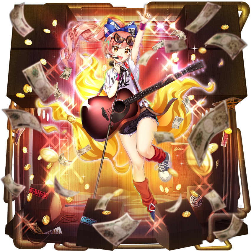 1girl, alternate_costume, alternate_hairstyle, arm_up, asymmetrical_eyewear, aura, banknote, blue_bow