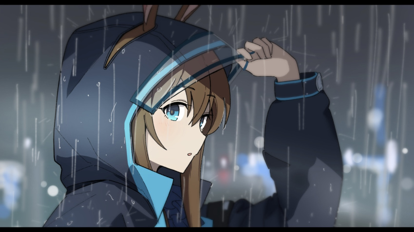 1girl, adjusting_hood, amiya_(arknights), animal_ears, arknights, ascot, blue_ascot, blue_eyes, blue_jacket, brown_hair, close-up, commentary_request, from_side, hair_between_eyes, hood, hood_up, hooded_jacket, jacket, jewelry, letterboxed, long_sidelocks, long_sleeves, looking_at_viewer, multiple_rings, night, outdoors, parted_lips, portrait, rabbit_ears, rain, ring, sabinashi, sidelocks, solo