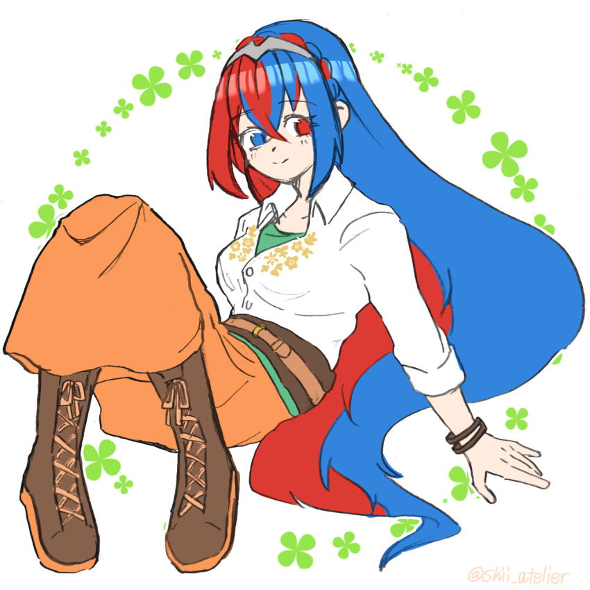 1girl, alear_(female)_(fire_emblem), alear_(fire_emblem), blue_hair, boucheron_(fire_emblem), boucheron_(fire_emblem)_(cosplay), braid, brown_footwear, cosplay, crossed_bangs, crown_braid, fire_emblem, fire_emblem_engage, full_body, heterochromia, highres, multicolored_hair, orange_pants, pants, redhead, shii_atelier, shirt, split-color_hair, tiara, two-tone_hair, white_shirt