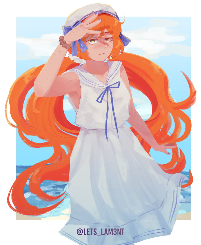 1girl, blue_bow, blue_nails, blue_ribbon, blue_sky, body_freckles, border, bow