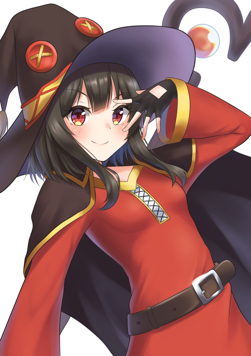 >:), 1girl, absurdres, belt, black_belt, black_cape, black_gloves, black_hat