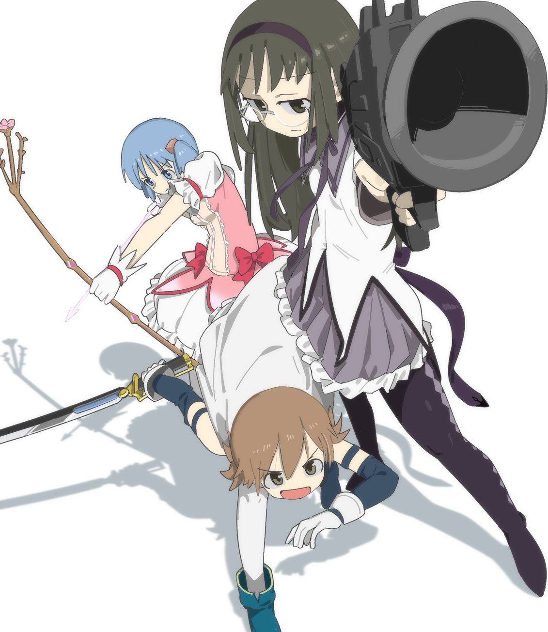 3girls, aiming, aiming_at_viewer, aioi_yuuko, akemi_homura, akemi_homura_(cosplay), akemi_homura_(magical_girl), argyle_clothes
