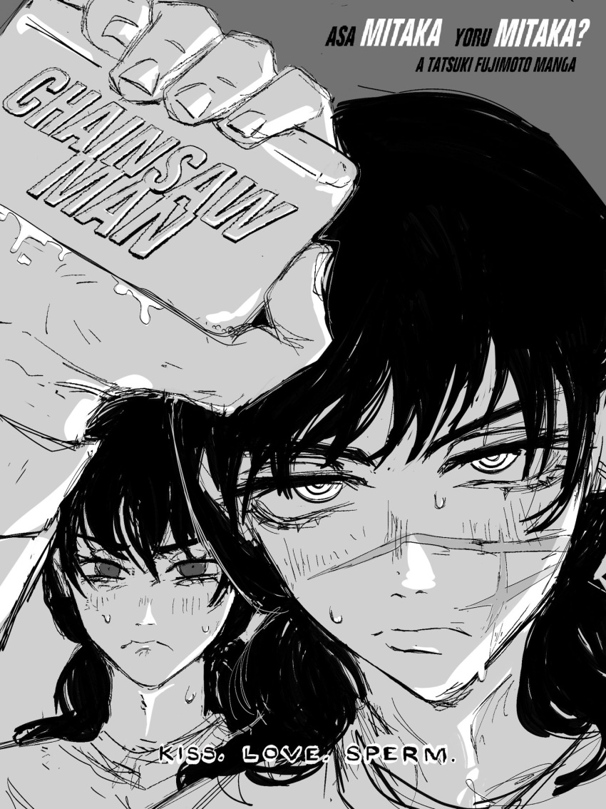 2girls, bar_soap, chainsaw_man, closed_mouth, english_text, fight_club, frown, greyscale