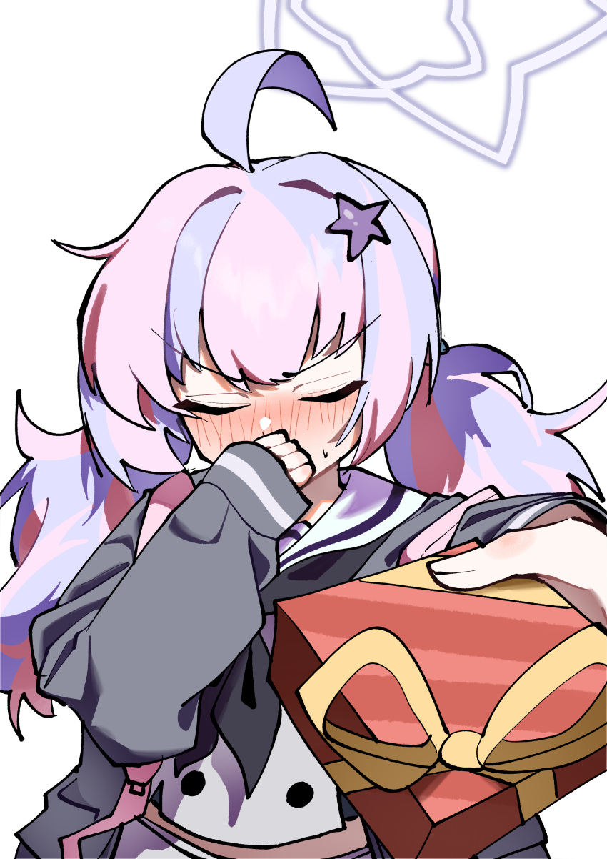 1girl, absurdres, ahoge, black_neckerchief, blue_archive, blue_hair, blush, box