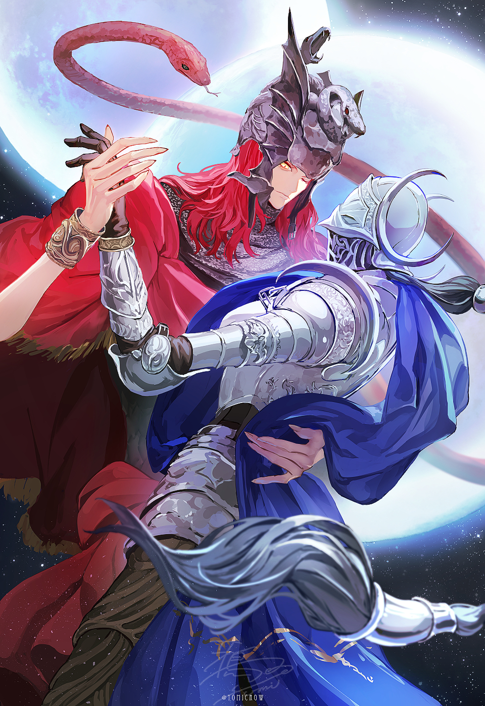 1boy, 1girl, animal, armor, black_hair, blue_cape, breastplate, cape, closed_mouth, commentary_request, dancing, elden_ring, elden_ring:_shadow_of_the_erdtree, full_armor, hand_on_another's_hip, helm, helmet, highres, holding_hands, karasuba_yomi, long_hair, looking_at_another, messmer_the_impaler, moon, one_eye_closed, red_cape, red_snake, redhead, rellana_twin_moon_knight, signature, snake, twitter_username, yellow_eyes