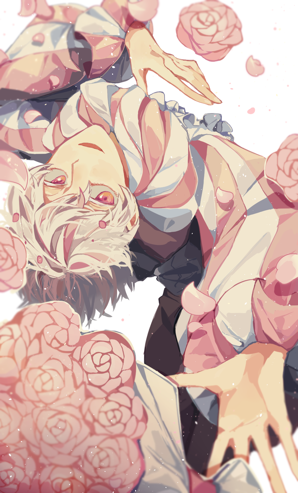1boy, character_request, cookie_run, highres, humanization, long_sleeves, looking_at_viewer, male_focus, pelri033, personification, pink_eyes, short_hair, solo_focus, tagme, upside-down, white_hair