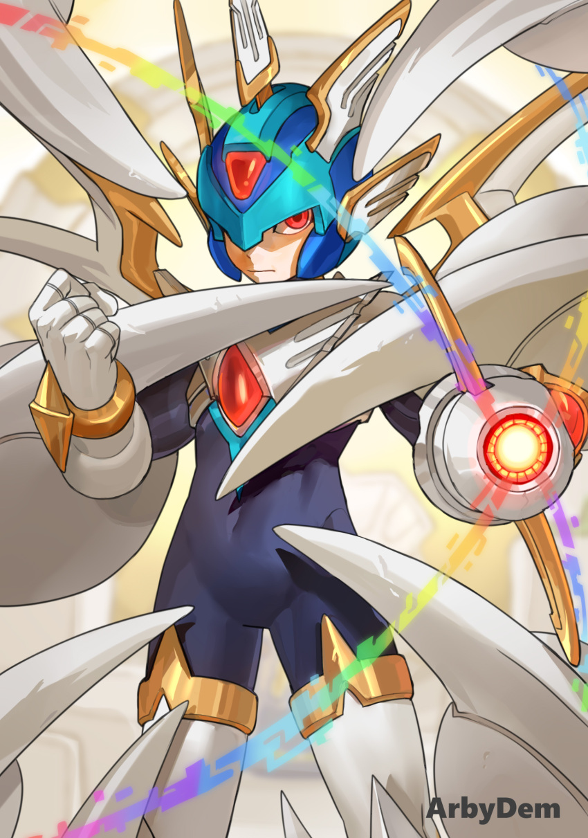 1boy, android, arm_cannon, armor, bi_51334, blue_helmet, copy_x_(mega_man), forehead_jewel
