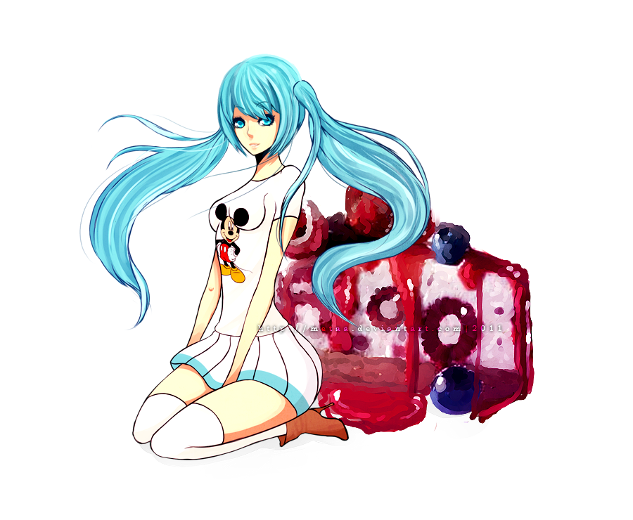 1girl, alternate_costume, aqua_eyes, aqua_hair, blue_eyes, blue_hair, crossover, disney, hair_between_eyes, hatsune_miku, long_hair, looking_at_viewer, metaa, mickey_mouse, shirt, simple_background, skirt, solo, twintails, very_long_hair, vocaloid, white_background